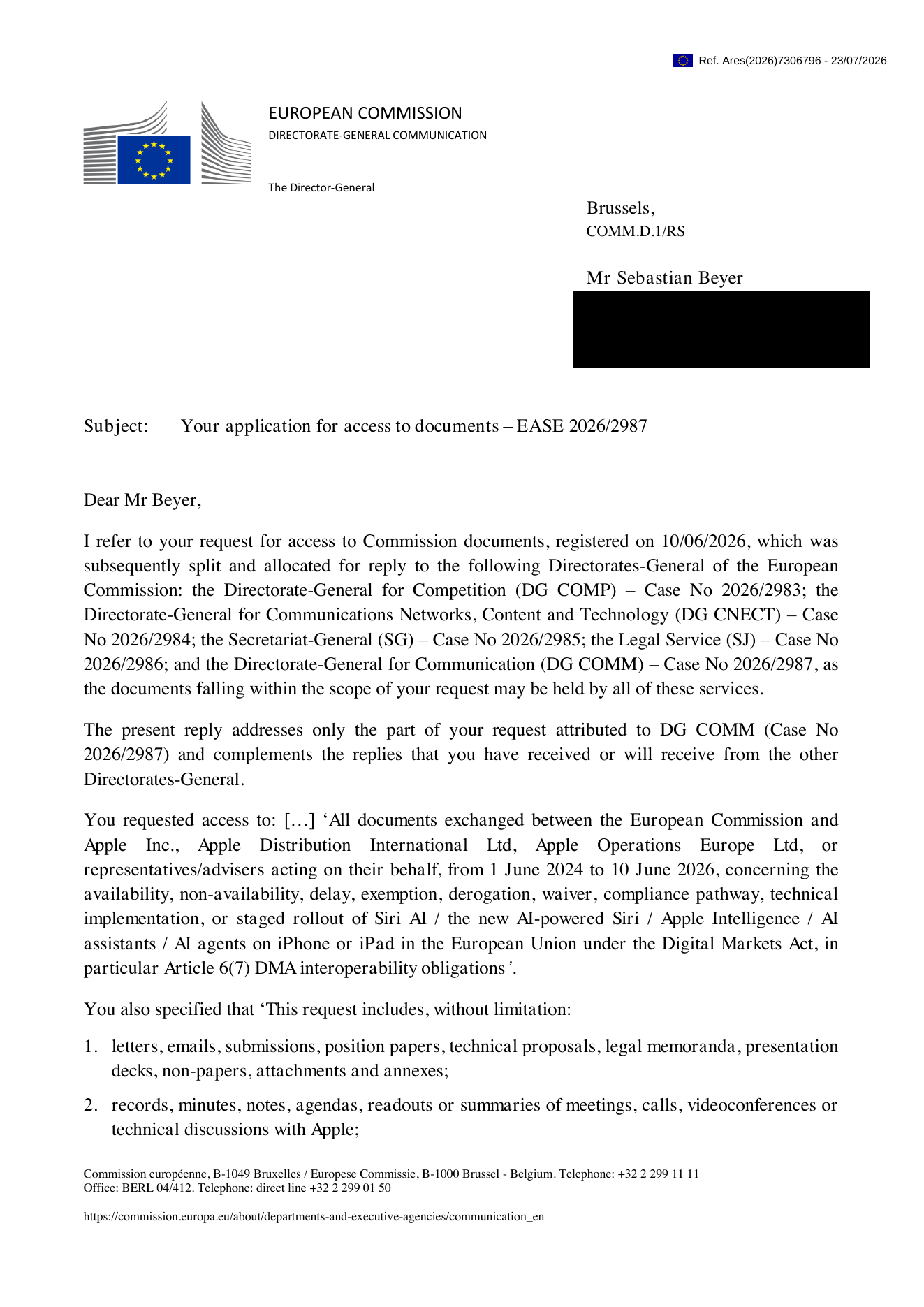Redacted first page of the DG COMM decision letter