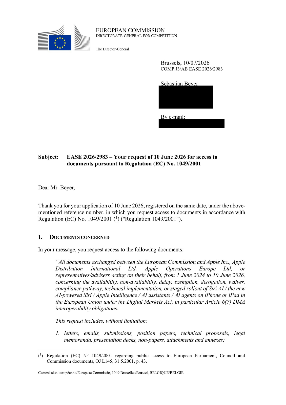 Redacted first page of the DG COMP refusal letter