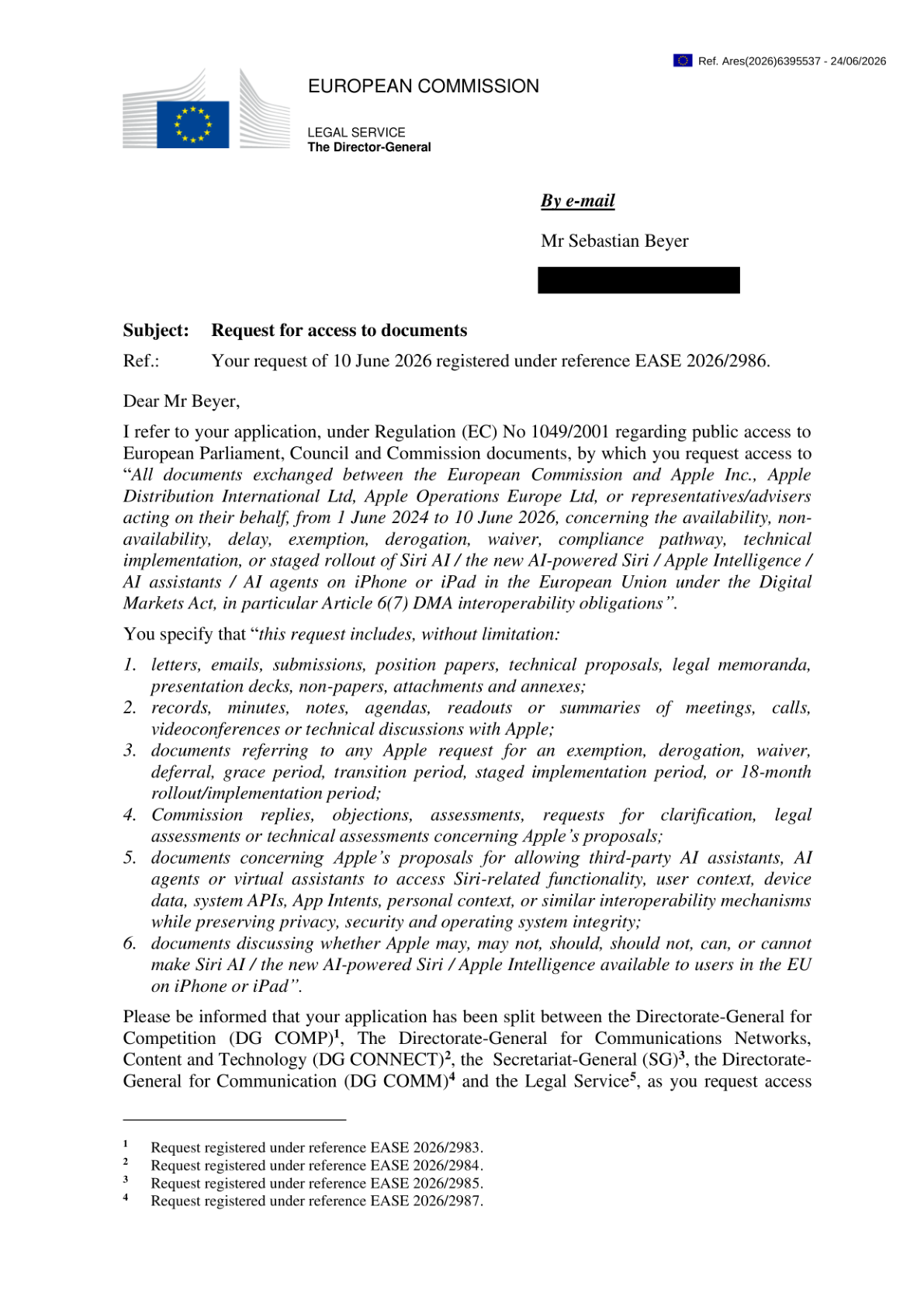 First page of the Legal Service reply letter