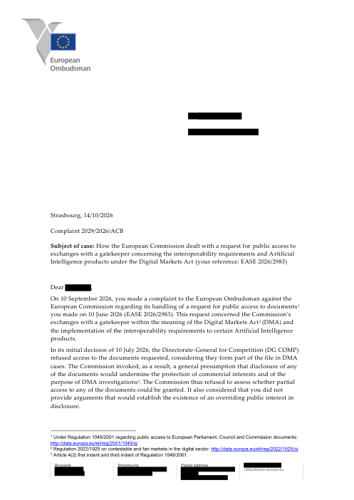 Redacted first page of the European Ombudsman letter opening inquiry 2029/2026/ACB