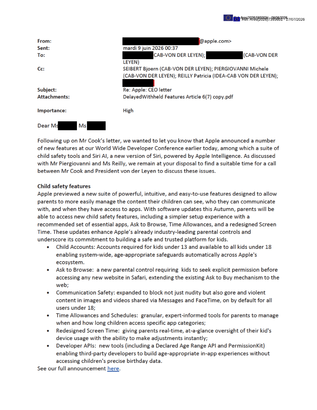 First page of the released Apple email to President von der Leyen&rsquo;s Cabinet