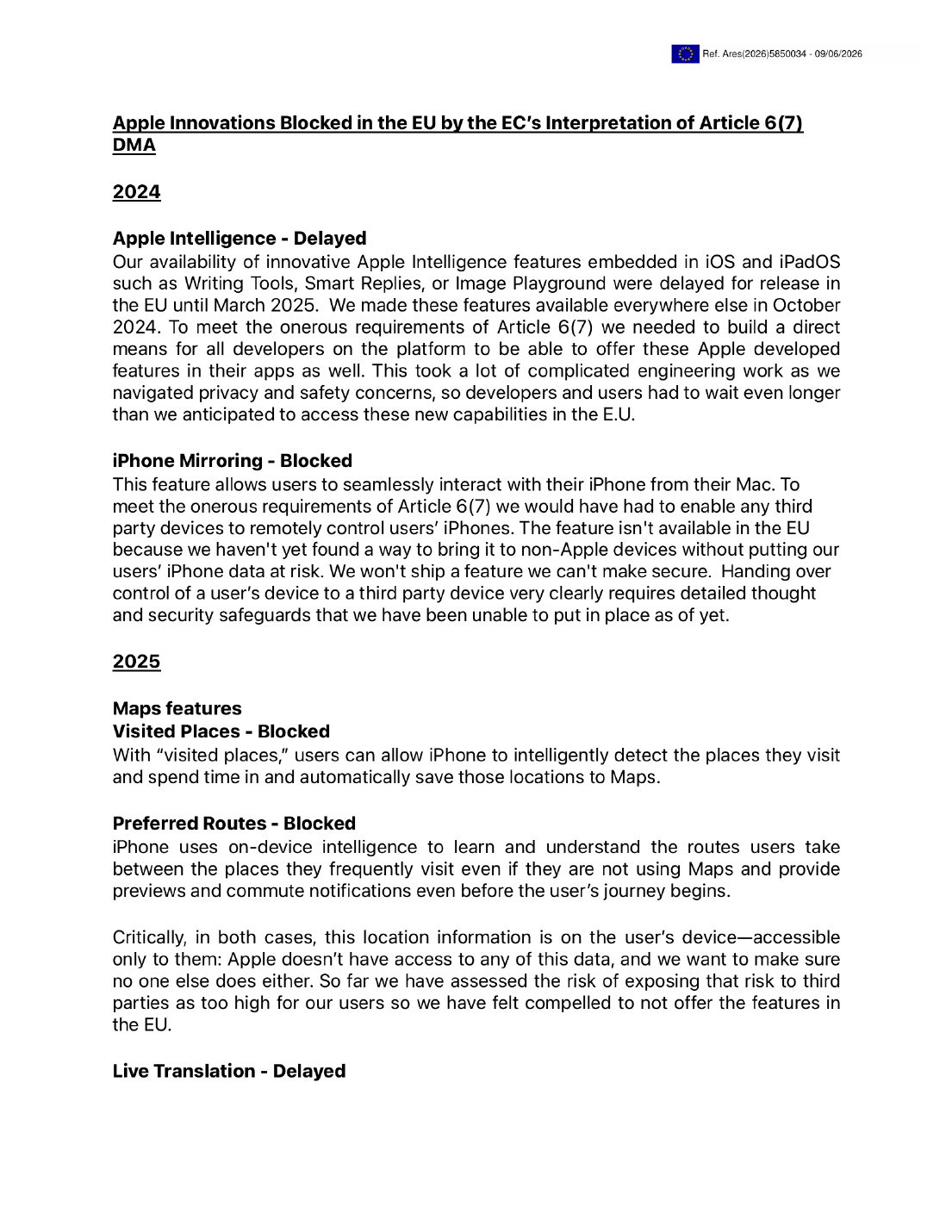 First page of Apple&rsquo;s released position paper about Siri AI and DMA Article 6(7)